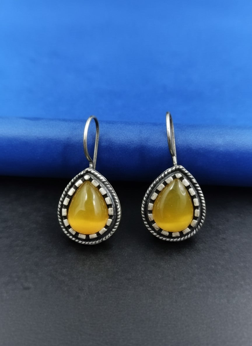 Silver Oxidized Teardrop Yellow Stone Hook Earrings with Beaded Detailing for Women - Everyday Wear