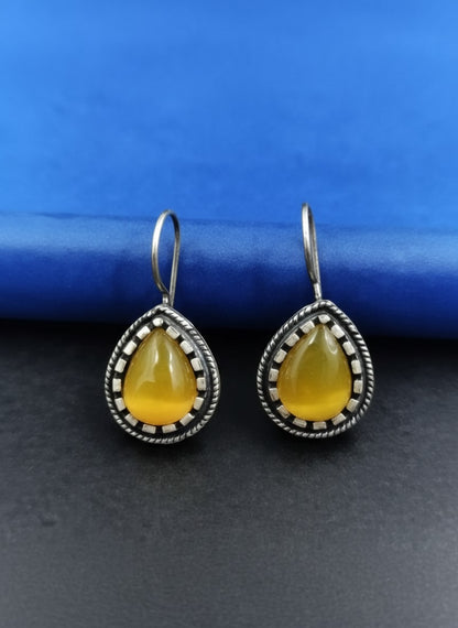 Silver Oxidized Teardrop Yellow Stone Hook Earrings with Beaded Detailing for Women - Everyday Wear