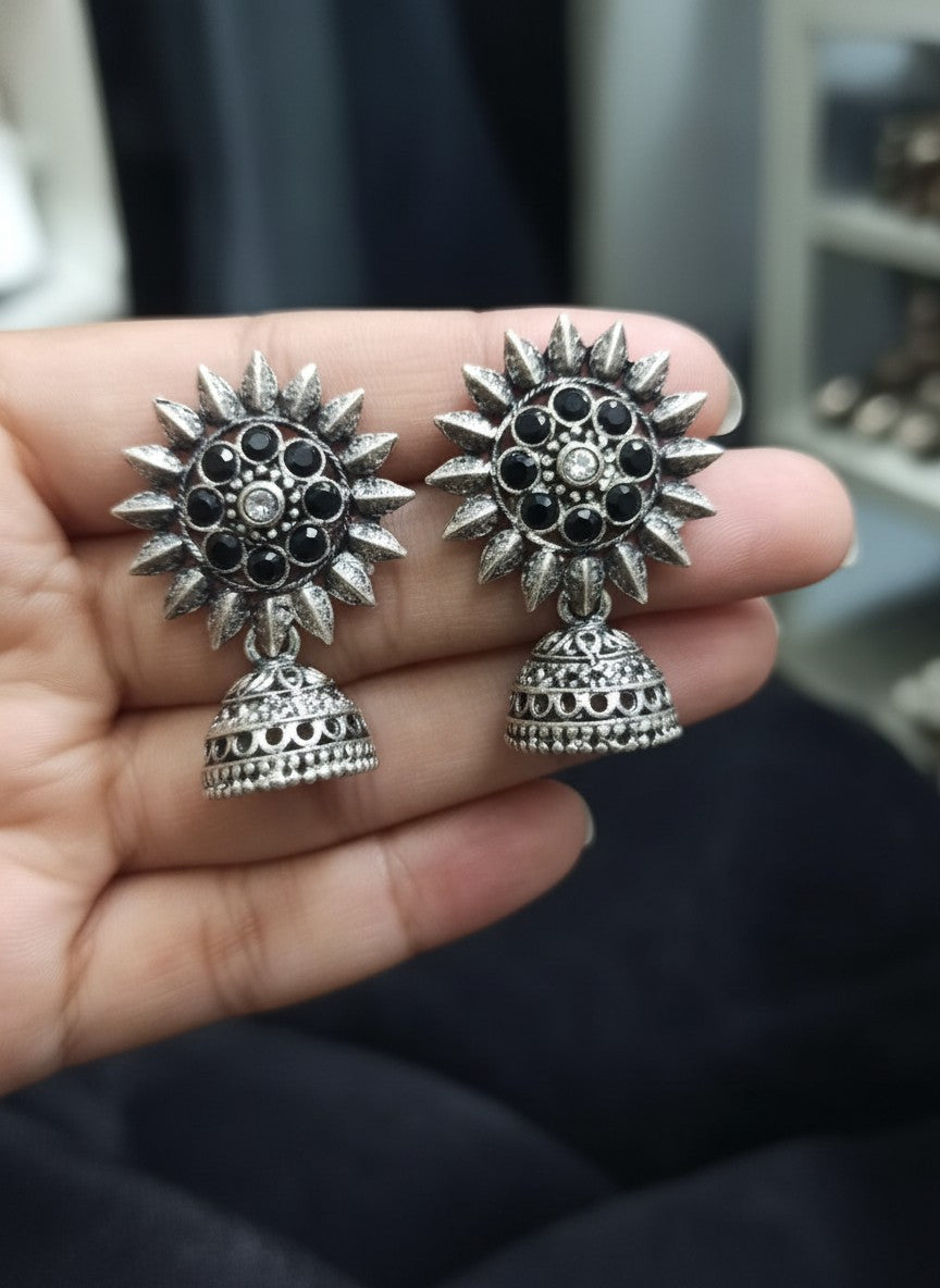 Silver Oxidized Sunburst Jhumka Earrings with Intricate Tribal Detailing for Women - Everyday Office Wear