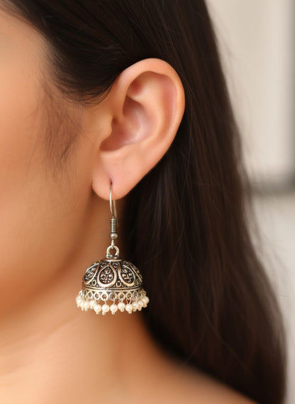Silver Oxidized Classic Jhumka Earrings with Intricate Filigree Detailing for Women - Everyday Wear