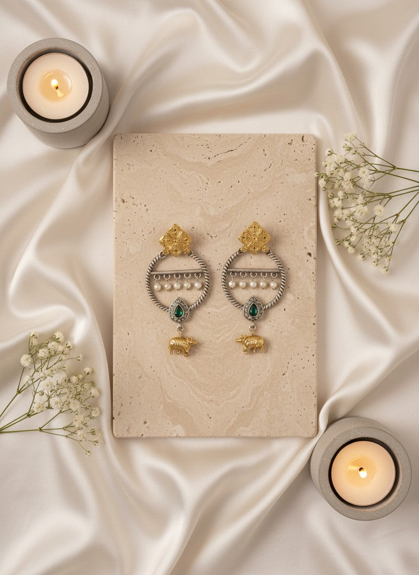 Two-Tone Nandi Dangler Earrings with Black Stone & Pearl Drops for Women - Festive Wear