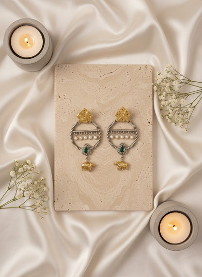 Two-Tone Nandi Dangler Earrings with Black Stone & Pearl Drops for Women - Festive Wear