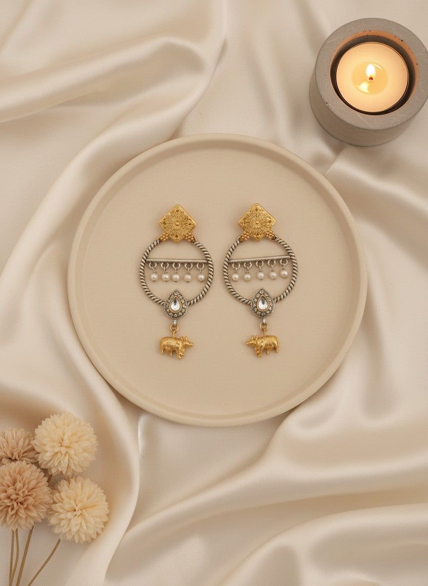 Two-Tone Nandi Dangler Earrings with White Stone & Pearl Drops for Women - Festive Wear