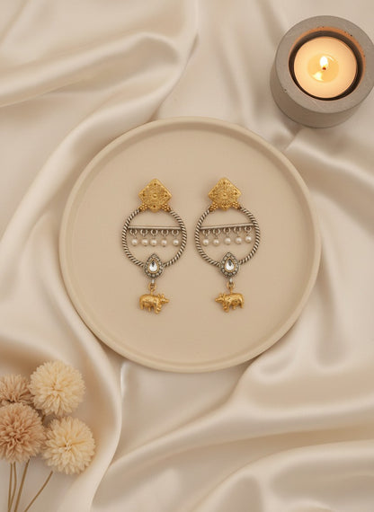 Two-Tone Nandi Dangler Earrings with White Stone & Pearl Drops for Women - Festive Wear