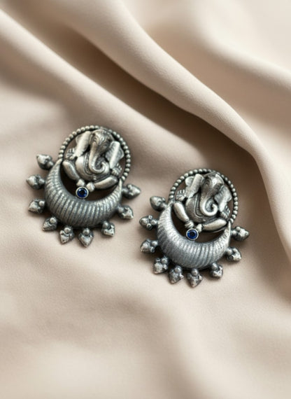 Silver Oxidized Ganesha Motif Stud Earrings with Intricate Detailing for Women - Special Occasions