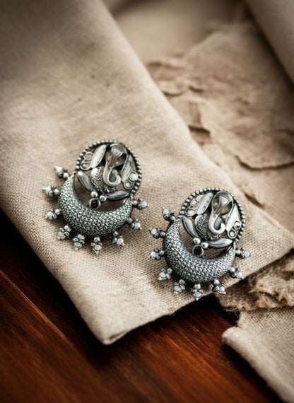 Silver Oxidized Ganesha Motif Stud Earrings with Intricate Detailing for Women - Special Occasions