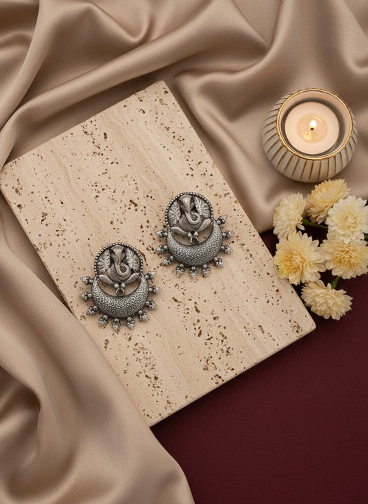 Oxidized Ganesha Motif Stud Earrings with Intricate Detailing for Women - Special Occasions