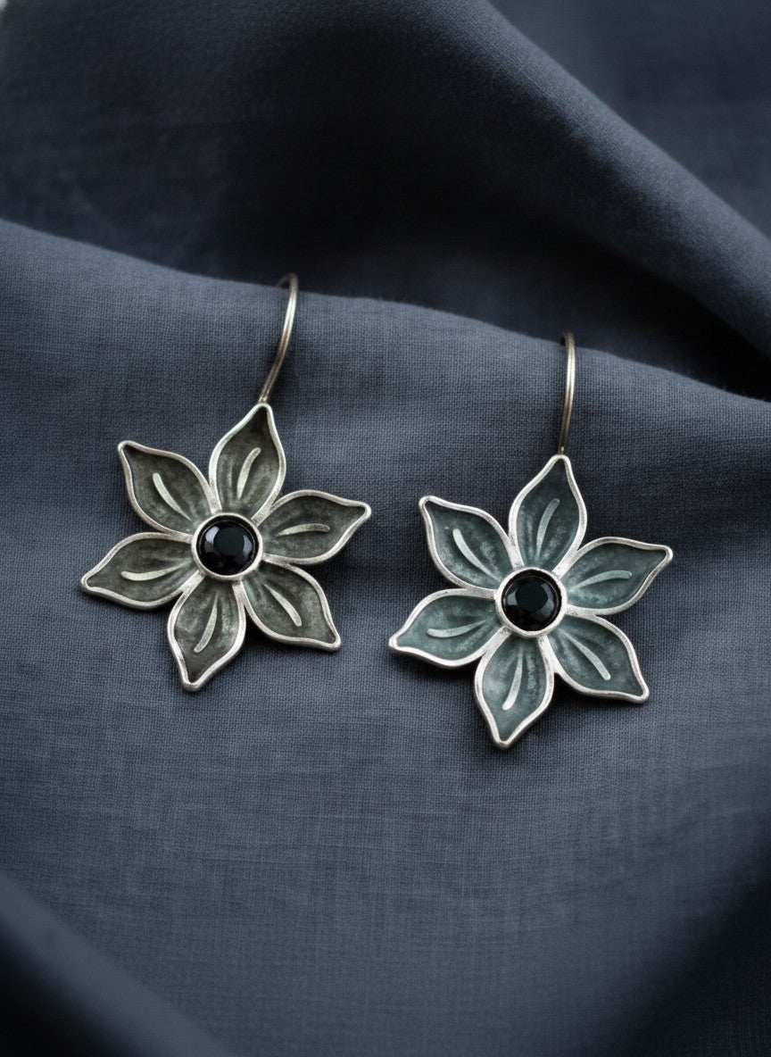 Silver Oxidized Floral Black Stone Hook Earrings for Women - Everyday Wear