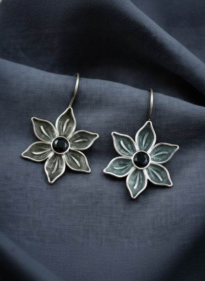 Silver Oxidized Floral Black Stone Hook Earrings for Women - Everyday Wear