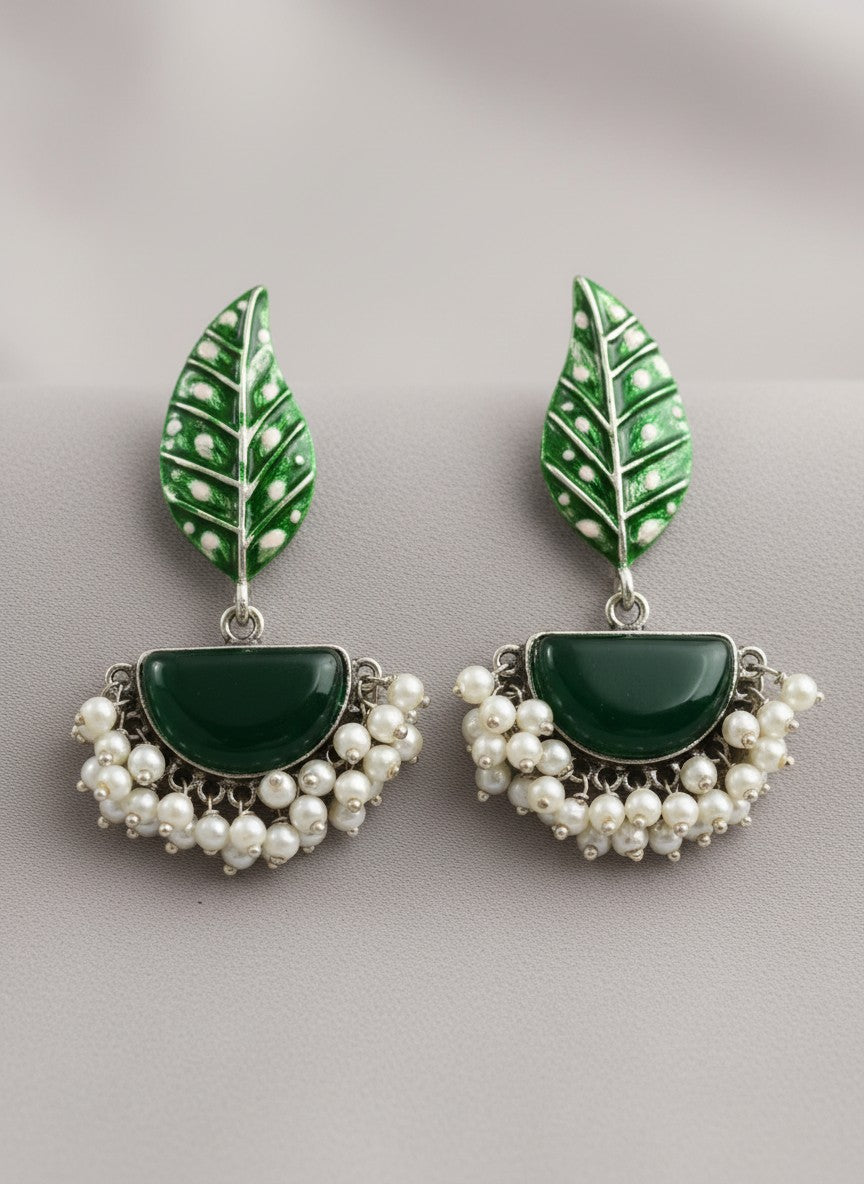 Silver Oxidized Handpainted Leaf & Green Monalisa Stone Earrings for Women - Festive Wear