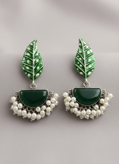 Silver Oxidized Handpainted Leaf & Green Monalisa Stone Earrings for Women - Festive Wear