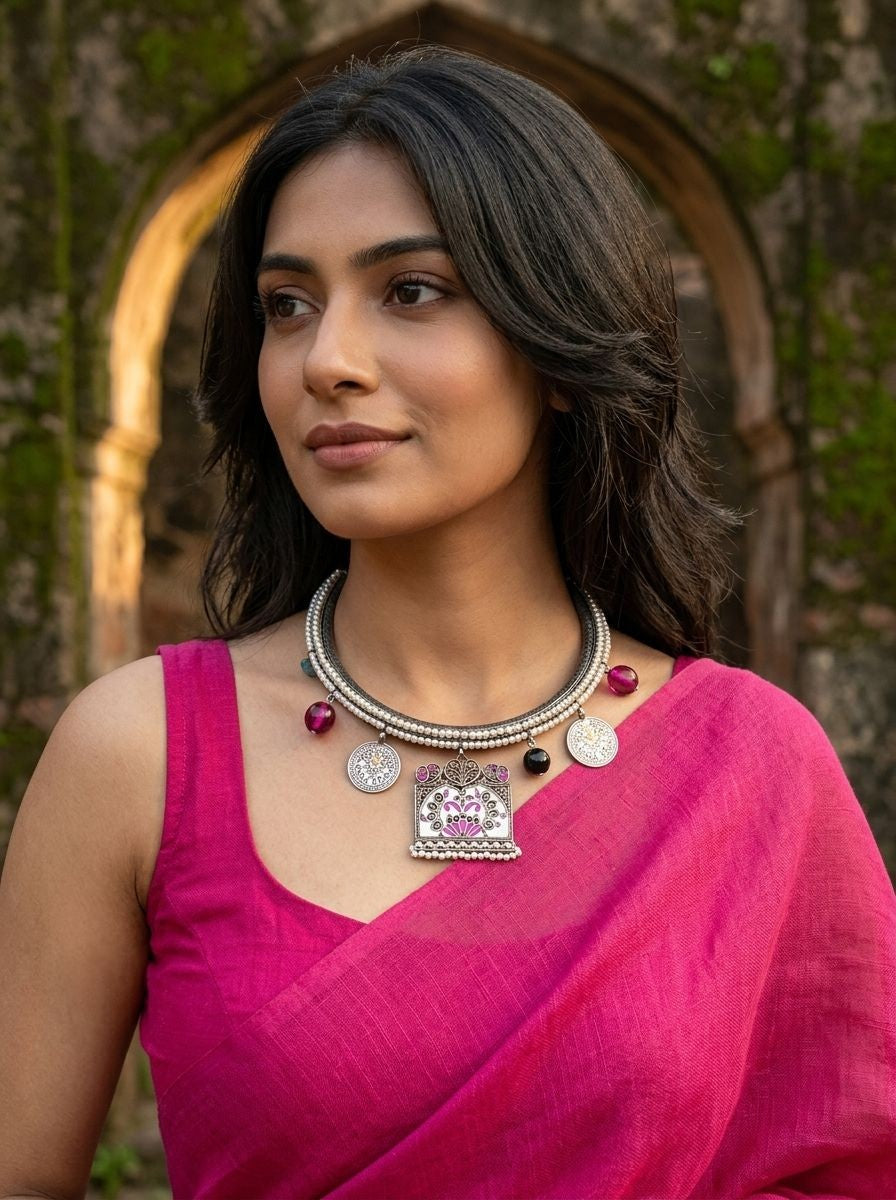 Silver Oxidized  Hasli Necklace with Hand-Painted Enamel Pendant & Multicolor Embellishments Charms for Women - Ethnic Wear