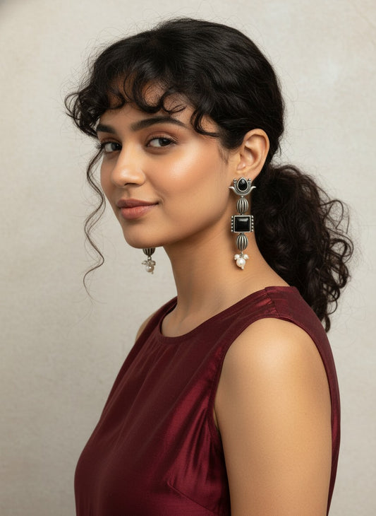 Antique Ethnic Silver Oxidized Lotus Dangle Earrings with Stones and Pearl Detailing for Women