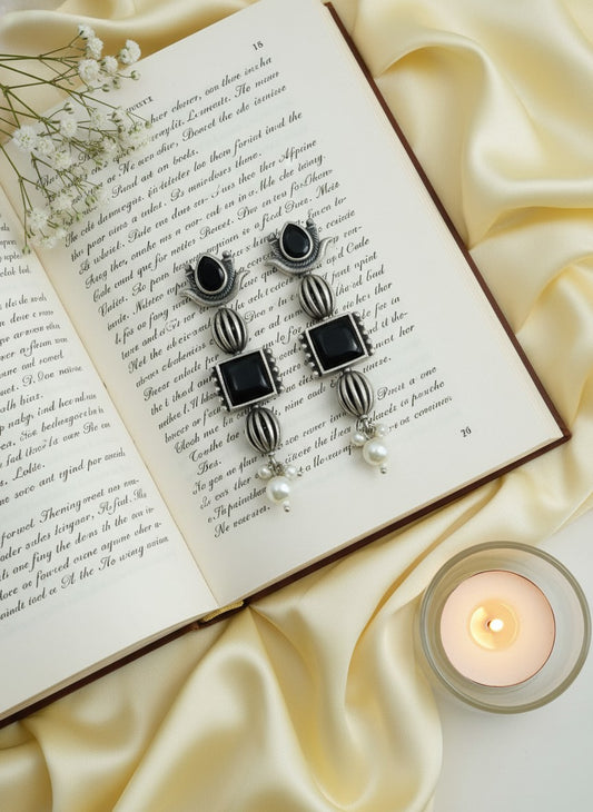 Antique Ethnic Silver Oxidized Lotus Dangle Earrings with Stones and Pearl Detailing for Women