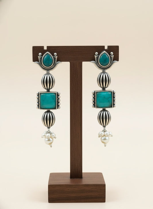 Antique Ethnic Silver Oxidized Lotus Dangle Earrings with Stones and Pearl Detailing for Women