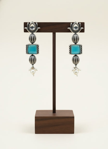 Antique Ethnic Silver Oxidized Lotus Dangle Earrings with Stones and Pearl Detailing for Women