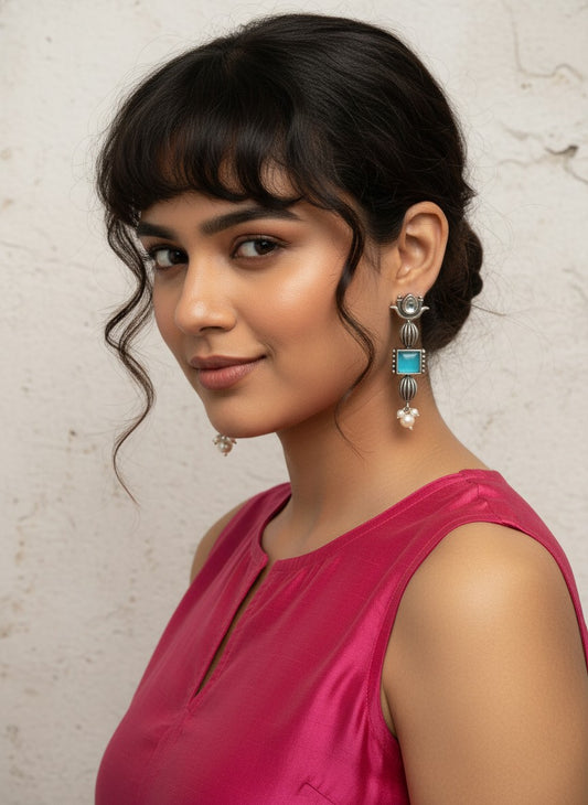 Antique Ethnic Silver Oxidized Lotus Dangle Earrings with Stones and Pearl Detailing