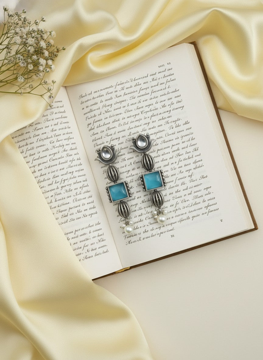 Antique Ethnic Silver Oxidized Lotus Dangle Earrings with Stones and Pearl Detailing for Women