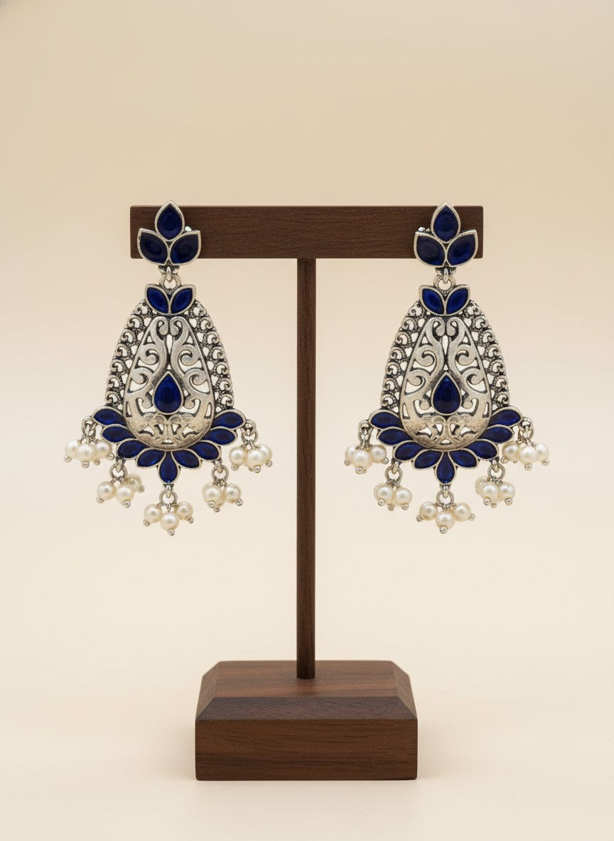 Silver Oxidized Filigree Teardrop Earrings with Blue Stones & Pearl Drops for Women - Festive Wear