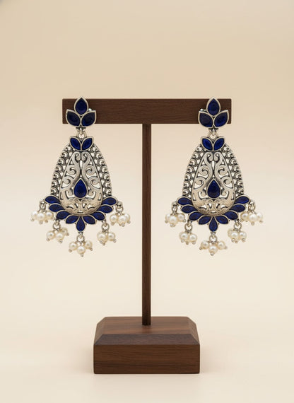 Silver Oxidized Filigree Teardrop Earrings with Blue Stones & Pearl Drops for Women - Festive Wear