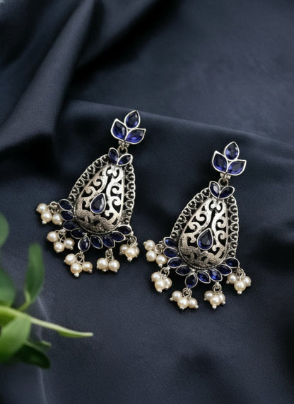 Silver Oxidized Filigree Teardrop Earrings with Blue Stones & Pearl Drops for Women - Festive Wear