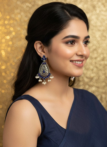 Silver Oxidized Filigree Teardrop Earrings with Blue Stones & Pearl Drops for Women - Festive Wear