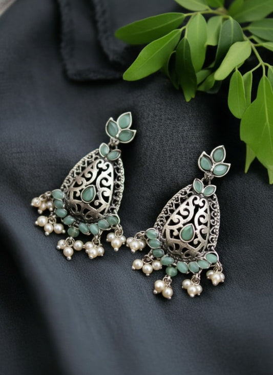 Silver Oxidized Filigree Teardrop Earrings with Mint Stones & Pearl Drops for Women - Festive Wear