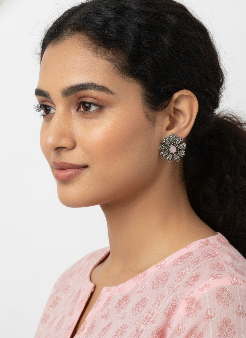 Silver Oxidized Flower Stud Earrings with Stonework