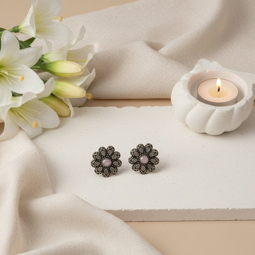 Silver Oxidized Flower Stud Earrings with Stonework