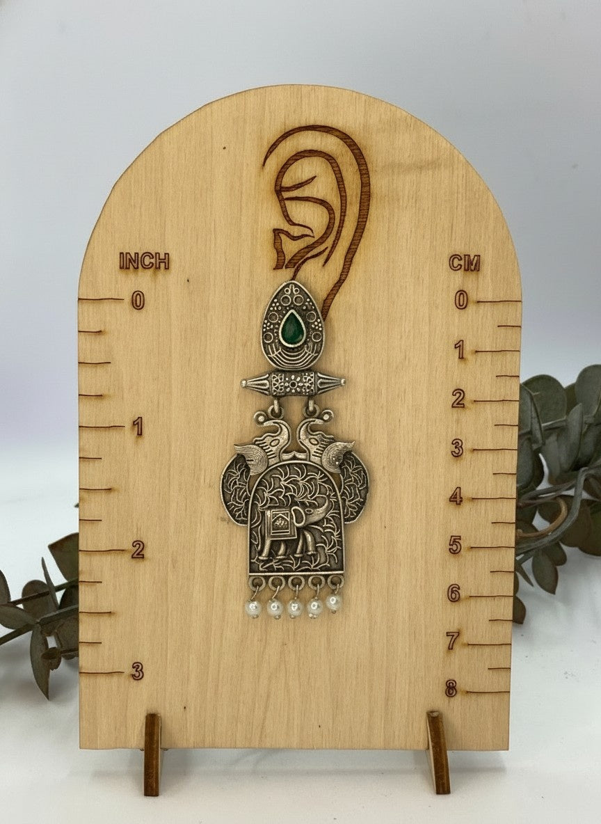 Traditional Silver Oxidized Elephant Motif Dangler Earrings with Stone & Pearl Work