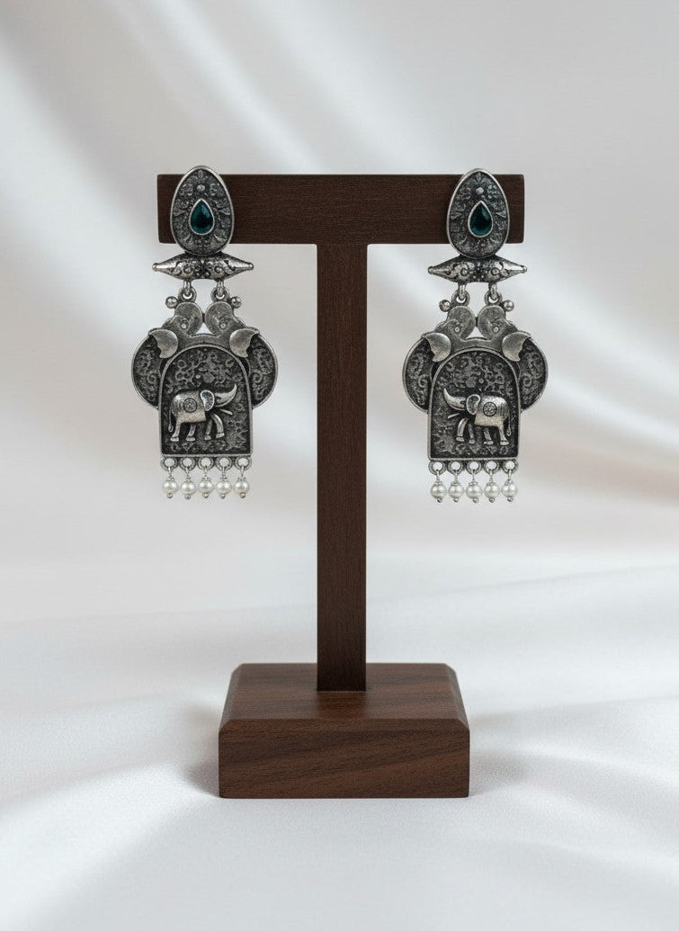 Traditional Silver Oxidized Elephant Motif Dangler Earrings with Stone & Pearl Work