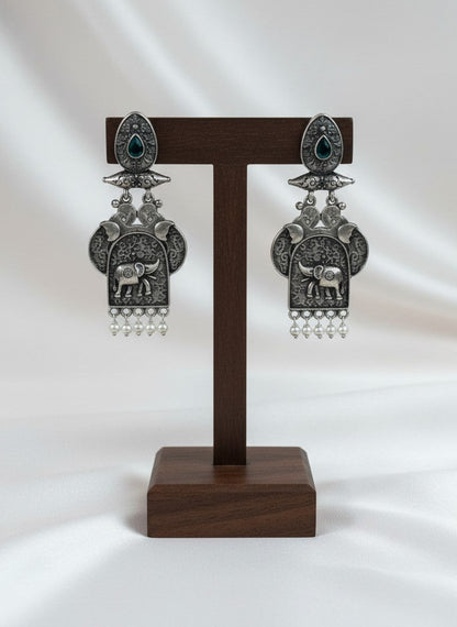 Traditional Silver Oxidized Elephant Motif Dangler Earrings with Stone & Pearl Work