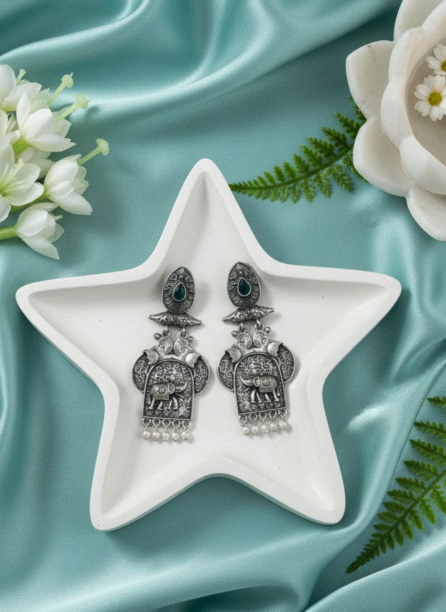 Traditional Silver Oxidized Elephant Motif Dangler Earrings with Stone & Pearl Work