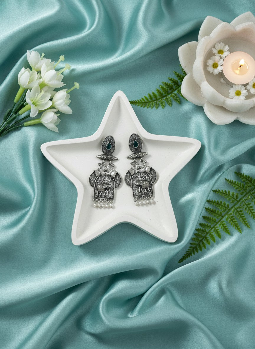 Traditional Silver Oxidized Elephant Motif Dangler Earrings with Stone & Pearl Work
