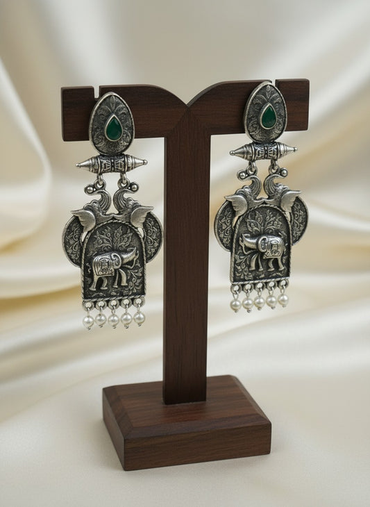 Traditional Silver Oxidized Elephant Motif Dangler Earrings with Stone & Pearl Work