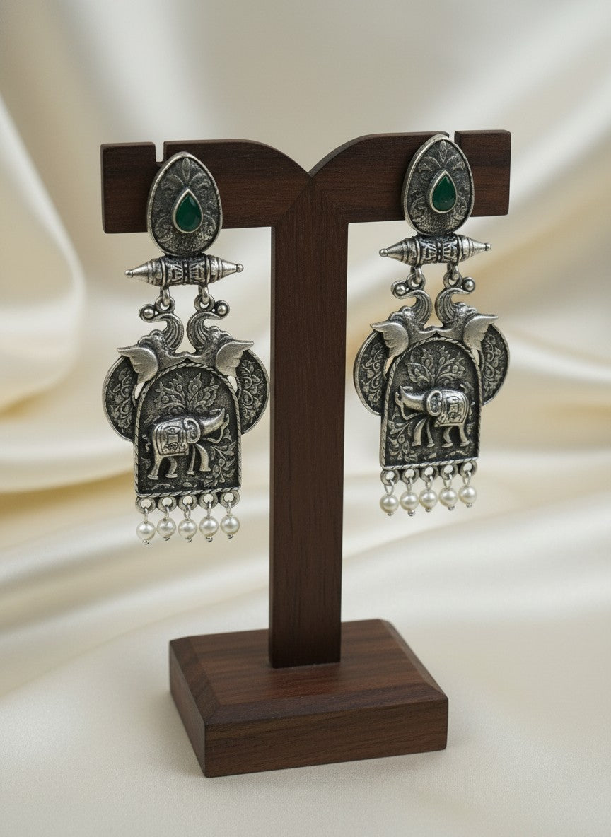Traditional Silver Oxidized Elephant Motif Dangler Earrings with Stone & Pearl Work