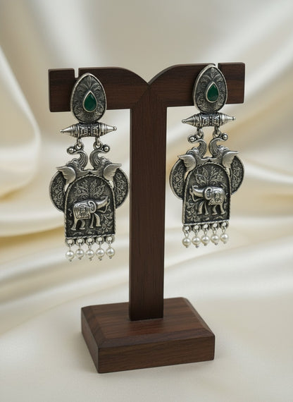 Traditional Silver Oxidized Elephant Motif Dangler Earrings with Stone & Pearl Work
