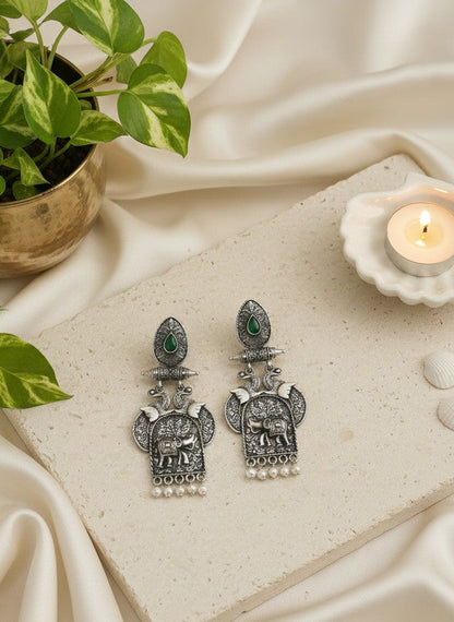Traditional Silver Oxidized Elephant Motif Dangler Earrings with Stone & Pearl Work