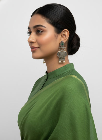 Traditional Silver Oxidized Elephant Motif Dangler Earrings with Stone & Pearl Work