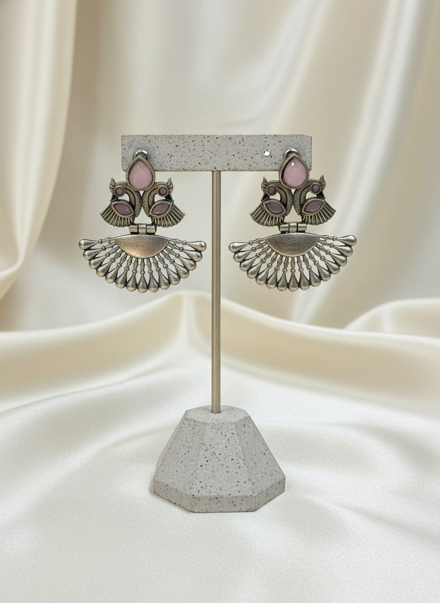 Silver Oxidized Peacock Motif Dangler Earrings with Stone Detailing