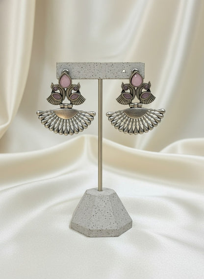 Silver Oxidized Peacock Motif Dangler Earrings with Stone Detailing