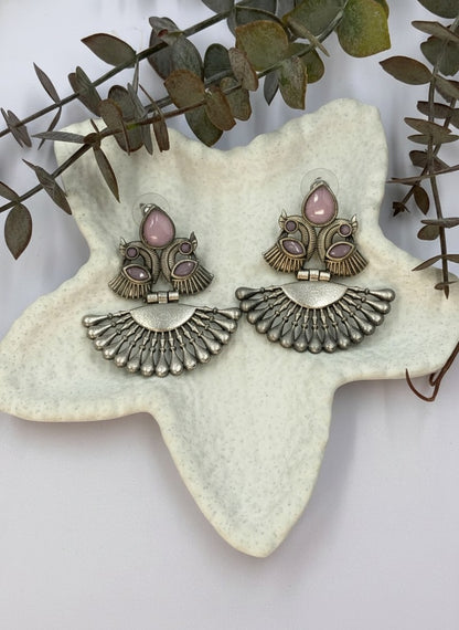 Silver Oxidized Peacock Motif Dangler Earrings with Stone Detailing