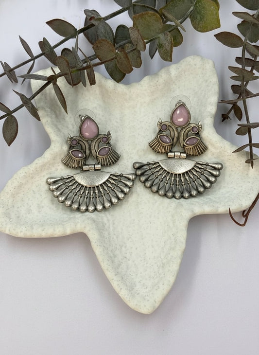 Silver Oxidized Peacock Motif Dangler Earrings with Stone Detailing