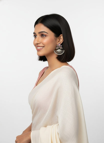 Silver Oxidized Peacock Motif Dangler Earrings with Stone Detailing