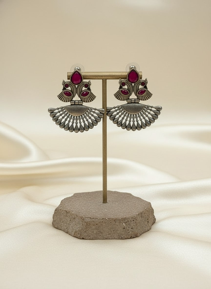 Silver Oxidized Peacock Motif Dangler Earrings with Stone Detailing