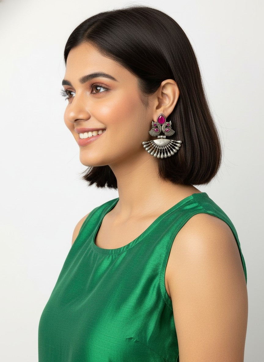 Silver Oxidized Peacock Motif Dangler Earrings with Stone Detailing