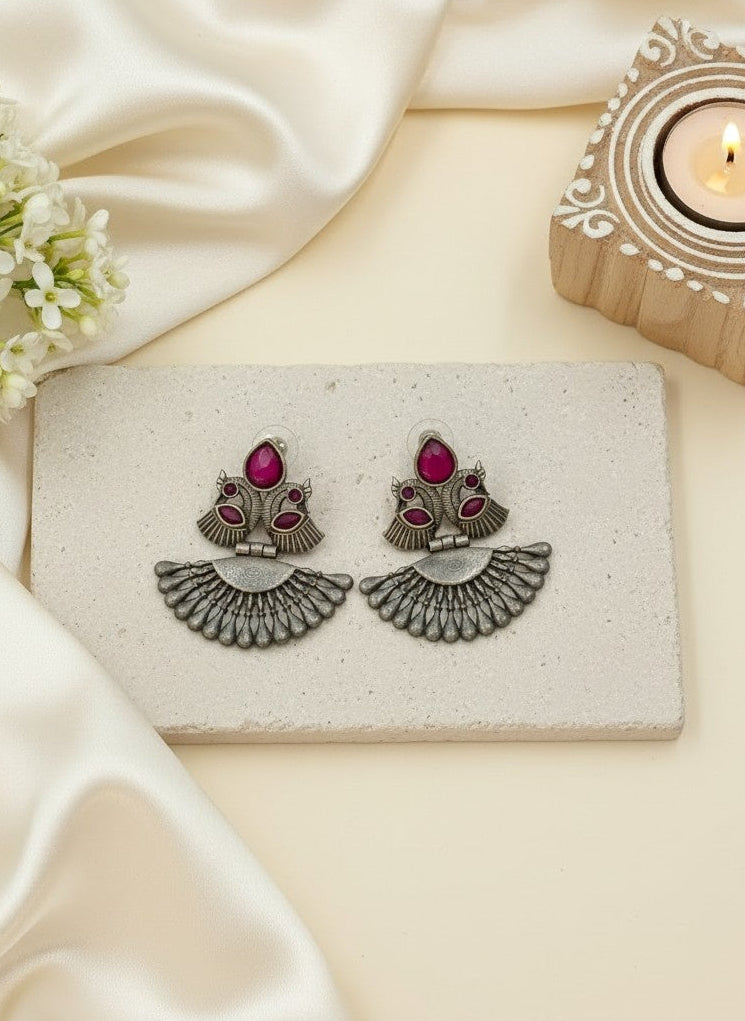 Silver Oxidized Peacock Motif Dangler Earrings with Stone Detailing