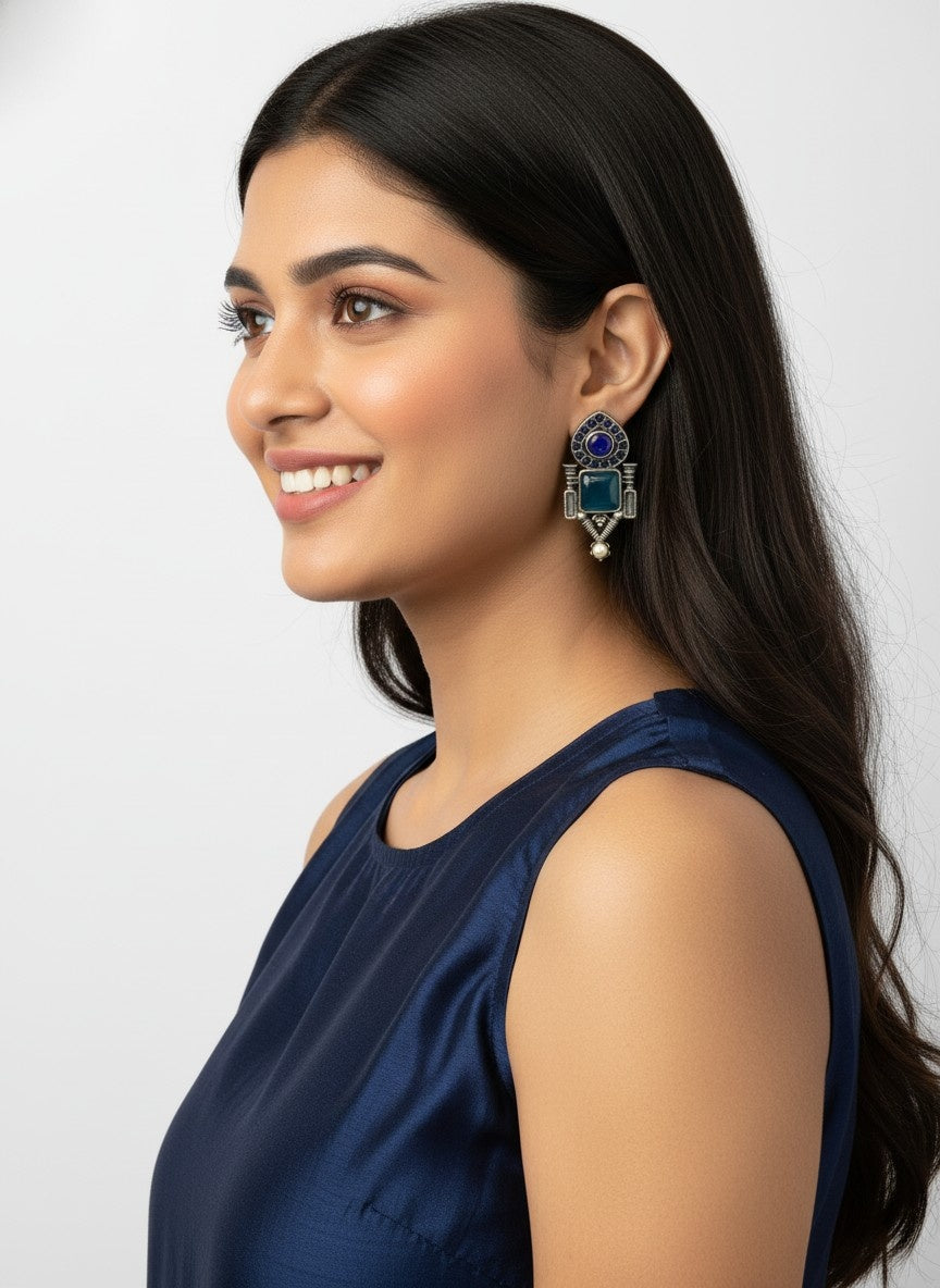 Traditional Stud Earrings with Monalisa Stone and Pearl Drop for Women