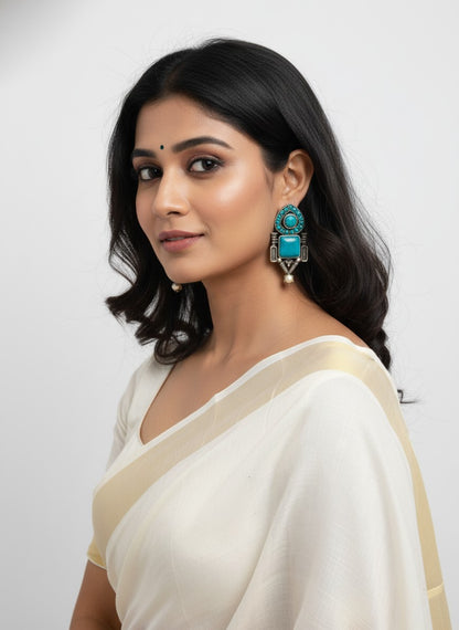 Traditional Stud Earrings with Monalisa Stone and Pearl Drop 