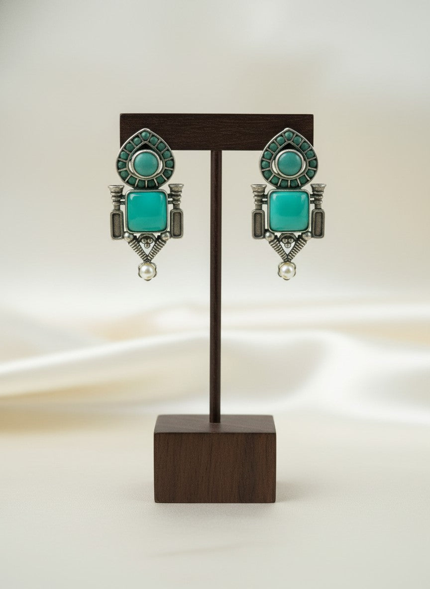 Traditional Stud Earrings with Monalisa Stone and Pearl Drop 